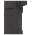 Close-up of charcoal stretch ripstop shirt showing chest zip pocket and perforated mesh side panel