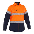 Hi-vis work shirt with fluorescent orange upper, navy lower, silver reflective tape, chest pockets and long sleeves