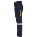 Navy stretch cargo pant side view with orange vented side panel, zip pocket detail and silver reflective tape at lower leg