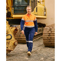 Women's navy ripstop cargo pants with orange hi-vis tape and reflective striping details