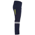 Navy stretch ripstop work pants with hi-vis yellow side vents and reflective tape band on lower leg