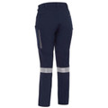 Navy womens cargo work pants rear view with reflective tape bands and side zip cargo pocket