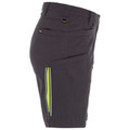 Charcoal grey women's cargo shorts with hi-vis yellow zip vented side pocket and D-ring waistband detail