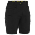 Black women's cargo shorts with zip side pocket, multiple utility pockets and stretch ripstop fabric — flat lay packshot