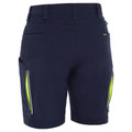 Navy women's cargo shorts with lime yellow zip vented side panels, rear pockets and belt loops — packshot back view