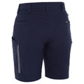 Navy blue women's cargo shorts rear view with zip side pocket, belt loops and back welt pockets