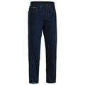 Dark indigo denim jeans with contrast stitching and classic five-pocket styling