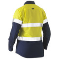 Back view of yellow and navy women's hi-vis drill shirt with two horizontal reflective tape bands