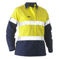 Yellow and navy women's long sleeve hi vis drill shirt with reflective tape and button front chest pockets