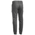 Charcoal grey women's cargo pants rear view, ripstop fabric, side cargo pocket, articulated knees, elasticated cuffed ankles