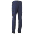 Navy stretch cargo pants rear view showing charcoal contrast utility pockets and knee articulation