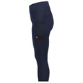 Navy blue women's stretch work jegging side view with black utility pocket and yellow logo tab on thigh