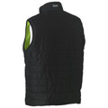 Black quilted reversible puffer vest rear view, lime green inner lining visible at armhole, stand collar