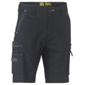 Charcoal stretch cargo shorts with contrast panelling, zip pockets, and multi-tool side cargo pocket