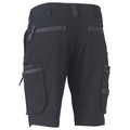 Rear view of charcoal stretch cargo shorts with zip pockets, yellow pull tabs, and contrast panel details