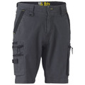 Charcoal grey stretch cargo shorts with black contrast panels, zip pockets, and utility side cargo pocket