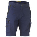 Navy stretch cargo shorts with black contrast panels, zip cargo pockets, and yellow zip pulls — Bisley flat lay