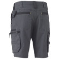 Charcoal grey women's cargo work shorts rear view, black contrast panels, zip pockets and side utility cargo pocket
