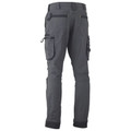 Charcoal grey women's stretch cargo pants rear view, multi utility pockets, black contrast panels, yellow zip detail