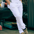 White stretch cotton drill cargo pants with ankle cuffs and side pockets