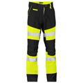 Black hi-vis work pants with fluorescent yellow lower legs and reflective tape bands at knees and calves