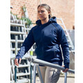 Navy blue fleece hoodie with sherpa-lined hood, full zip front closure, and contrast grey panels on sleeves