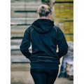 Back view of navy fleece hoodie with white piping trim detail and sherpa lining visible at hood edge