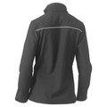 Charcoal grey women's soft shell jacket back view with white piping detail across shoulders