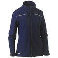 Navy softshell jacket with white piping detail across shoulders and chest pocket