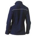 Navy blue women's softshell jacket rear view, white contrast piping across upper back, fitted cut
