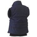 Navy puffer vest with high collar and quilted panels shown from back view