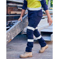 Navy cargo pants with silver reflective tape on legs, featuring side pockets and cargo pocket detail