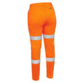 Fluorescent orange women's work pants with twin silver reflective tape bands on each leg, rear view showing cargo pocket
