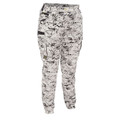 Women's cargo pants in white and grey camouflage pattern with elasticated cuffs and cargo pockets