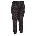 Womens stretch cargo pants in black and charcoal camouflage with cargo pockets and elasticated cuffs