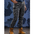 Dark grey camouflage cargo pants with multiple side pockets and tapered leg fit