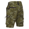 Olive green camouflage cargo shorts with multiple pockets and black contrast trim details