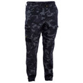 Dark grey camouflage cargo pants with side pockets, elasticated cuffs and utility details
