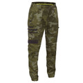 Olive green camouflage cargo pants with multiple pockets and elasticated cuffs with neon yellow waistband trim