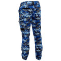 Cargo pants in blue digital camouflage pattern with multiple side pockets and elasticated ankle cuffs