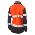 Women's hi-vis polo rear view, orange and navy two-tone with dual silver reflective tape bands, long sleeves