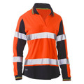Women's hi-vis orange and navy long sleeve polo with reflective tape bands and open V-neck collar