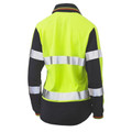 Hi-vis polo shirt with fluorescent yellow upper back panel, charcoal lower section, silver reflective tape, and contrast striped collar