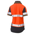 Rear view of orange and navy women's hi-vis polo with silver reflective tape bands and contrast sleeve panels