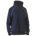 Navy women's fleece pullover with wraparound cowl neck, white contrast piping, raglan sleeves and front kangaroo pocket