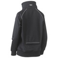 Back view of black women's work fleece jumper with white contrast piping and rear pocket