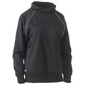 Black women's pullover fleece jumper with cowl neck, white contrast piping on raglan seams and kangaroo pocket