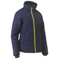 Navy blue women's puffer jacket with yellow contrast zip, high collar, quilted panels and side pockets