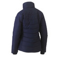 Navy women's quilted puffer jacket rear view, stand collar, horizontal baffle stitching, fitted silhouette