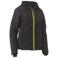 Black womens quilted puffer jacket with yellow contrast zip and ribbed cuffs, packshot view